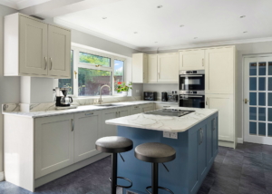 blue and white shaker kitchen